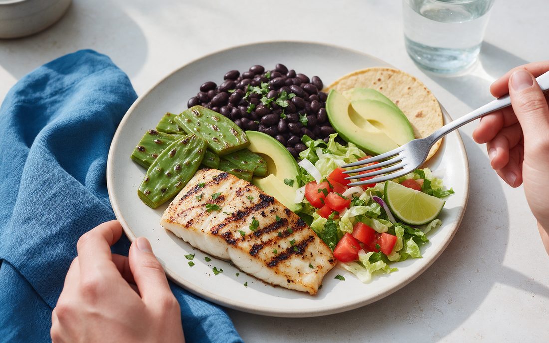 Plato saludable con pescado a la plancha, nopales, frijoles, aguacate y ensalada