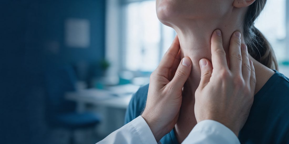 Manos de un médico palpando la tiroides en el cuello de una paciente