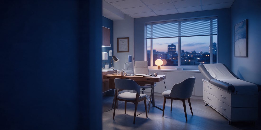 Consultorio médico con escritorio, sillas y mesa de exploración al atardecer