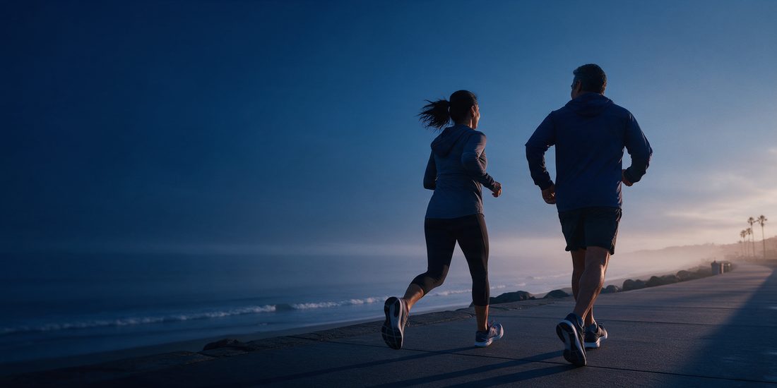 Una pareja hace ejercicio al amanecer en un malecón junto al mar