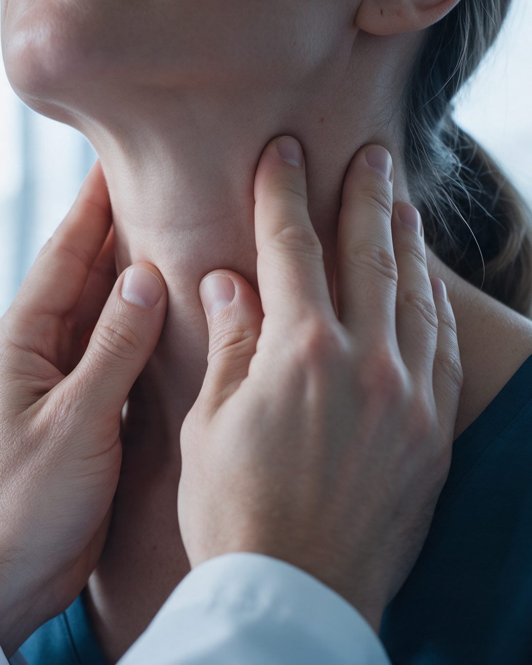Exploración de la tiroides: el médico palpa el cuello de la paciente